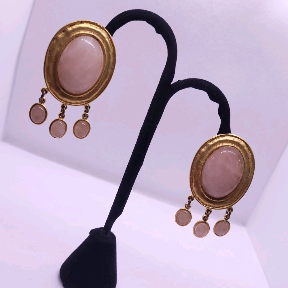 Vintage Pink Cabochon Dangle Clip-On Earrings Gold Tone 50mm Statement